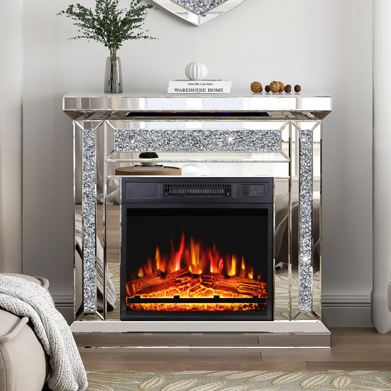 Casmere 80cm Mirrored Glass Electric Fireplace Crushed Diamond Home Decor