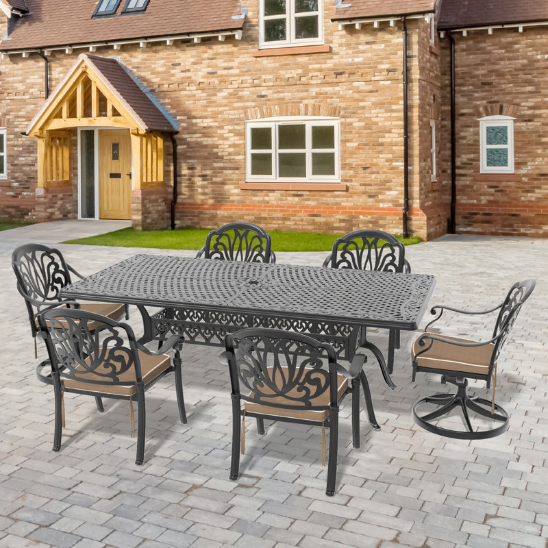 Ensemble de salle à manger 7 pièces en fonte d'aluminium toutes saisons comprenant 2 chaises pivotantes, 6 chaises et une table rectangulaire avec cadre noir