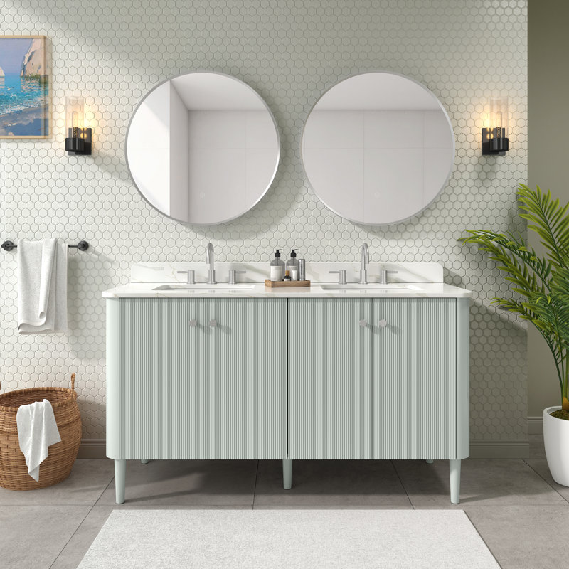 Haley 60 in. Double Sink Bathroom Vanity in Soft Sage with Top, Calacatta Quartz