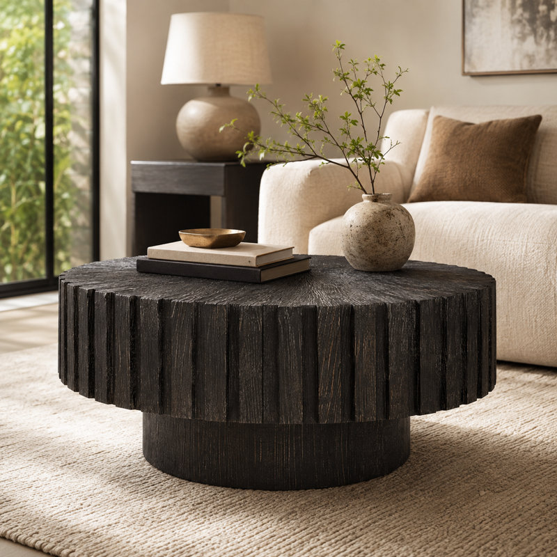 Table basse ronde de 31,4 pouces moderne et minimaliste noire, texture de bois naturel, facile à assembler, convenant à plusieurs espaces, y compris le salon, le bureau et la salle à manger.
