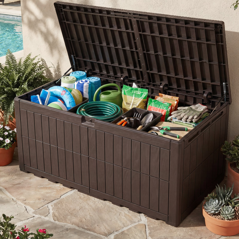 Balconera 240 Gallon Resin Outdoor Deck Box With Lock, Brown, 240
