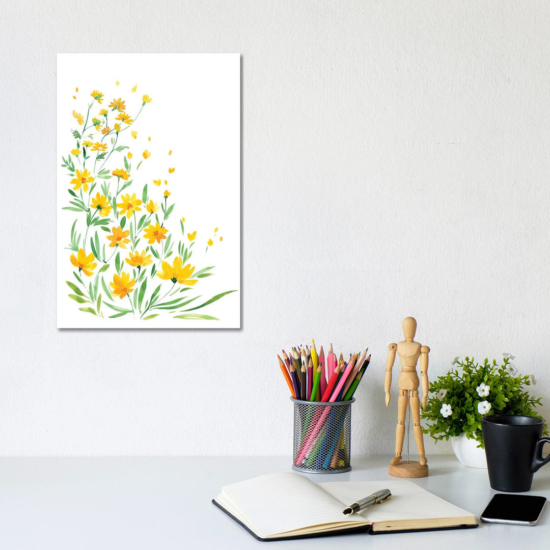 Gelbe Aquarell-Wildblumen von Blursbyai - Galerie-umwickelte Leinwand Giclée auf Leinwand ohne Rahmen