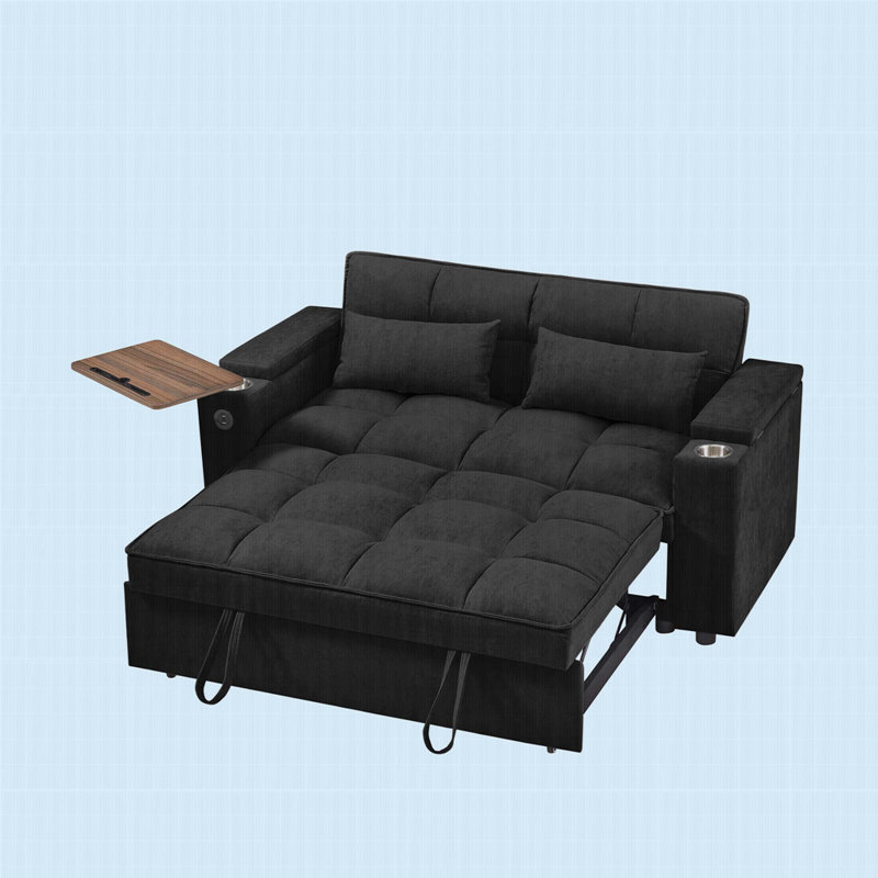 Canapé-lit en chenille avec accoudoirs avec rangement, port USB et table d'appoint, Noir