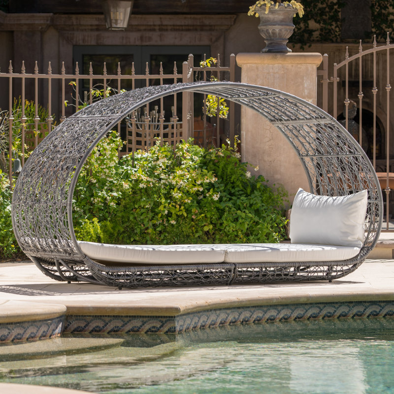 Lavina 91.25'' Wide Curved Premium All-Weather Wicker Patio Daybed with Cushions, Gray
