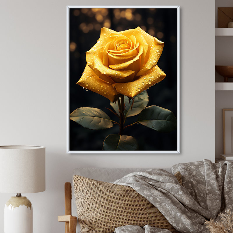 Dannen jaune noir rose Elegance II - imprimé, H 32 po x l 24 po x P 1 po, Cadre flottant blanc
