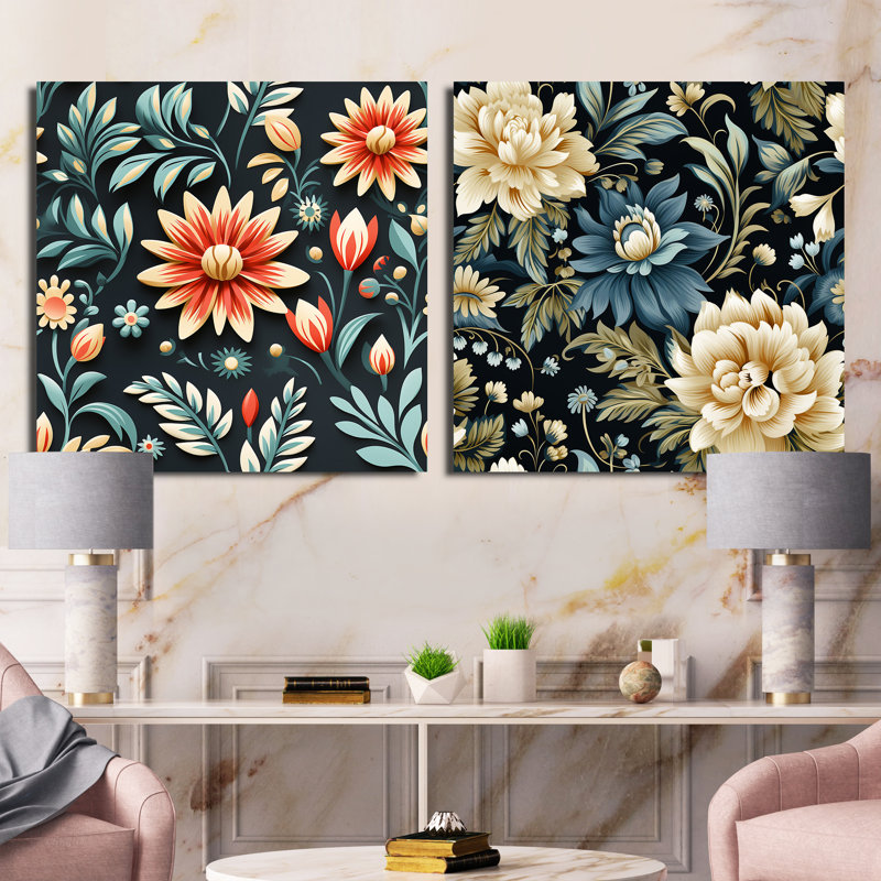 Pericles - Ensemble de 2 collages carrés botaniques abstraits, Toile tendue, H 30 po x l 61 po