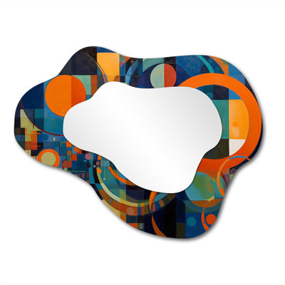 Orange Blue Geometry Unleashed II - Abstract Shapes Asymmetrical Wall Mirror, Orange Cloud Decorative Mirror, Printed Metal Art