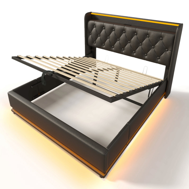 Lit tapissier, fonction DEL à 360 degrés, boutons / applications / télécommande, lit de rangement hydraulique avec chargement USB Type-C (sans matelas)