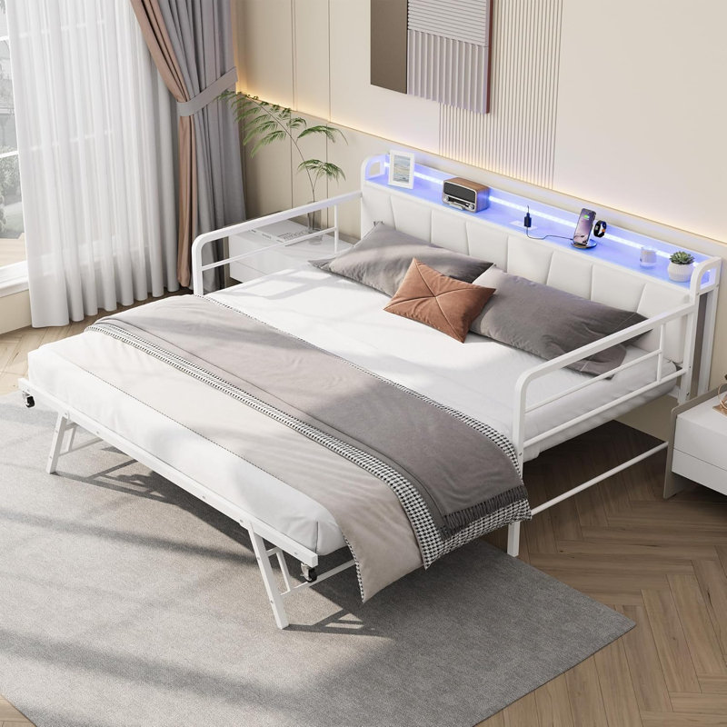 Daybed with Trundle & LED Light, Metal Twin Bed with Linen Headboard, Charging Station, White, White
