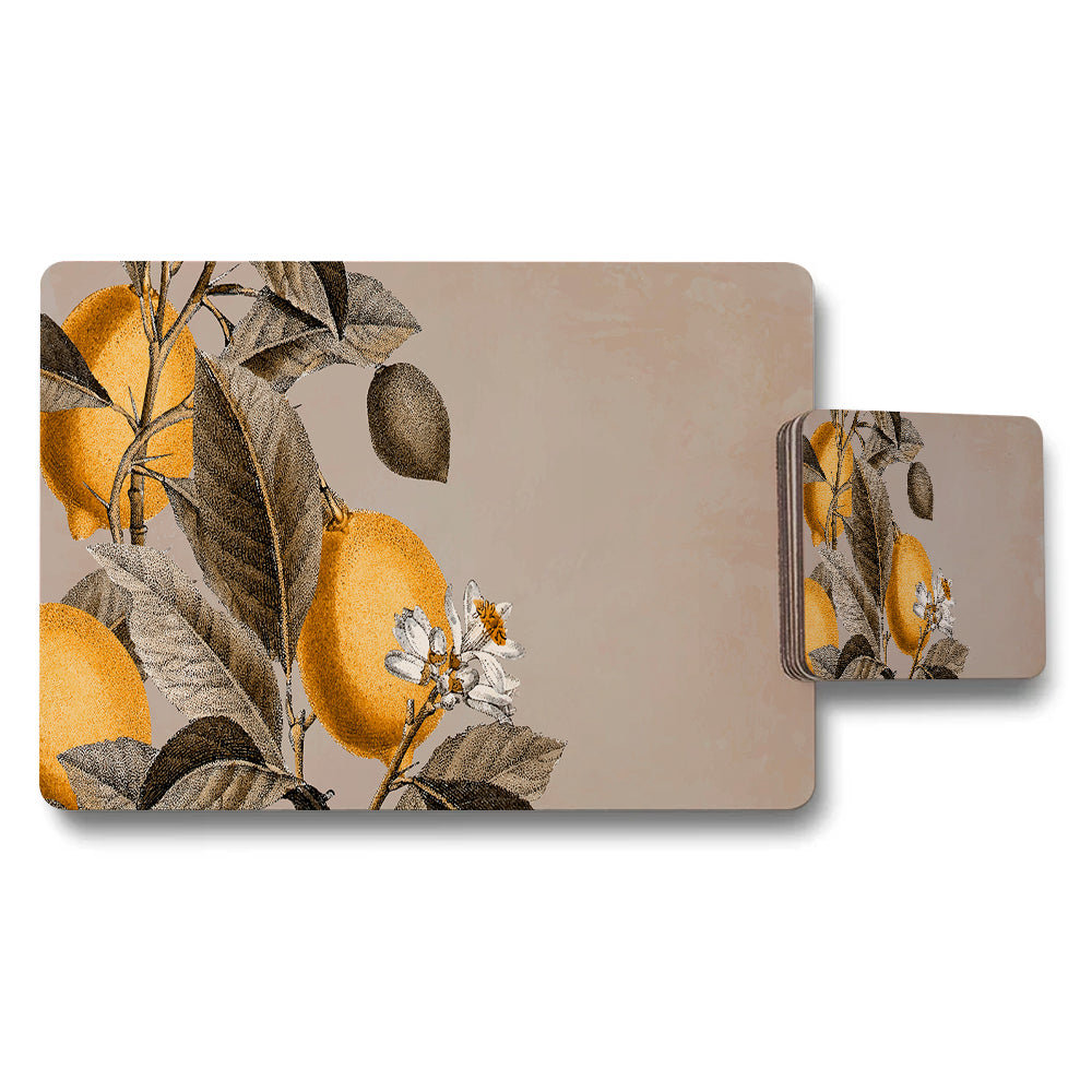 Lemon Botanical Placemat and Coaster Set with Beige Background