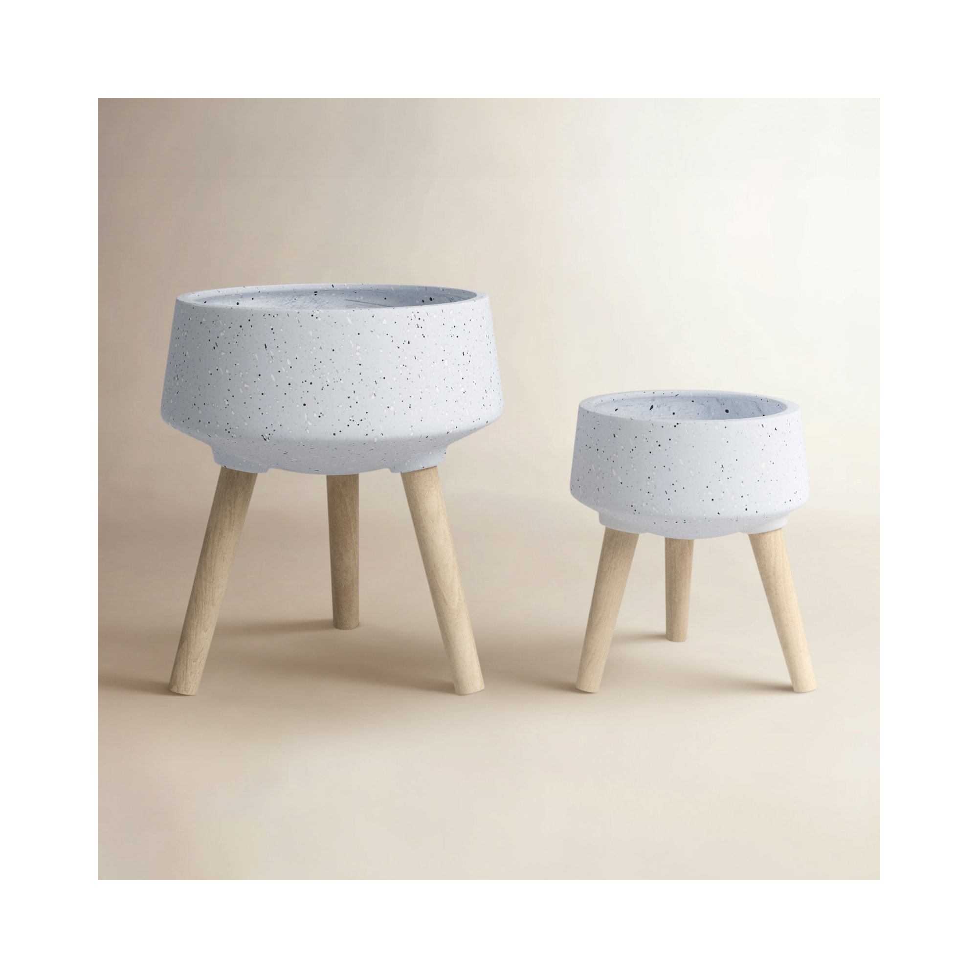 Set of 2 Resin and Magnesia Planters with Beech Wood Stands - Modern Elevated Indoor Outdoor Decorative Plant Holders for Stylish Display.