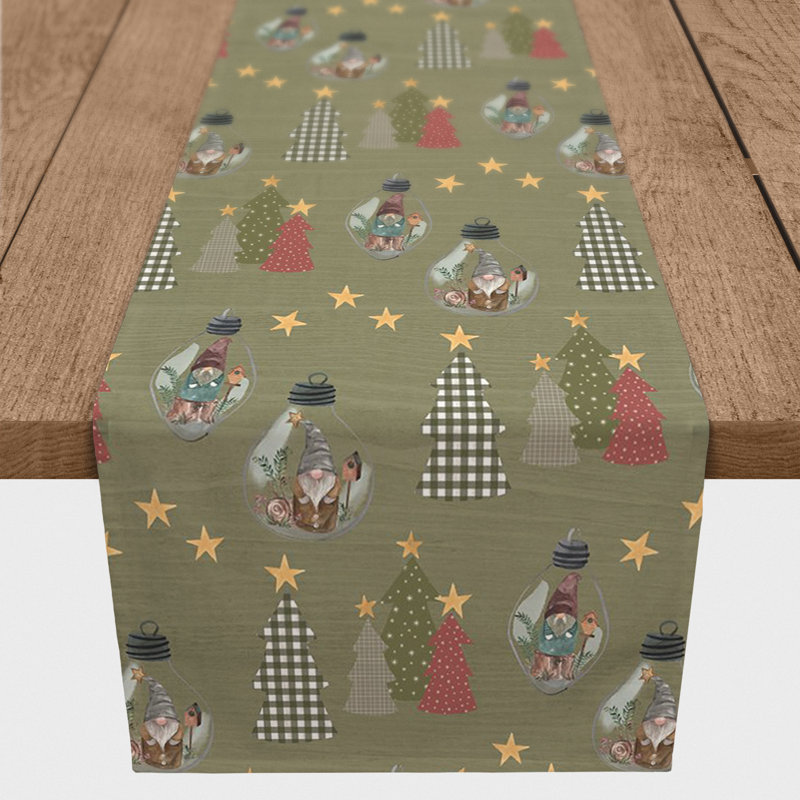 Gray Tree And Globe Pattern Table Runner, 72" x 16", Green