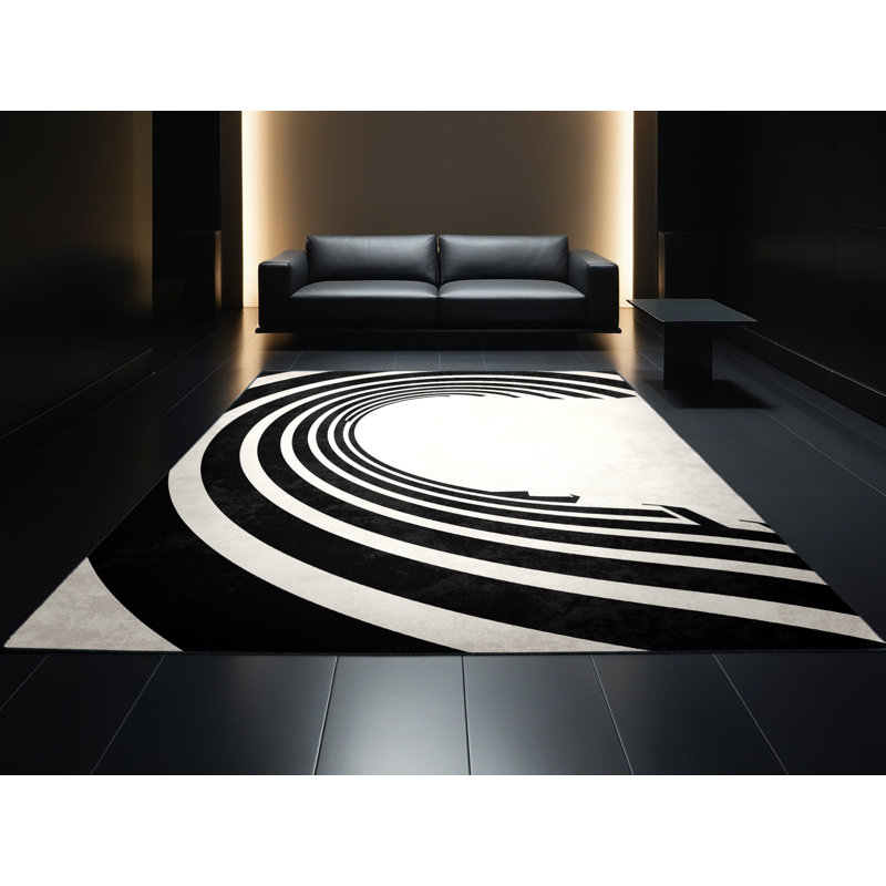 Machine Washable Pavla Art Deco Arc Rug in Gray – Black Binding, 8x10