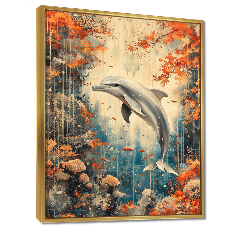 Reproduction d'art sur toile, "Dauphin au-dessus d'un corail", H 32 po x l 24 po, Impression encadrée flottante, Doré