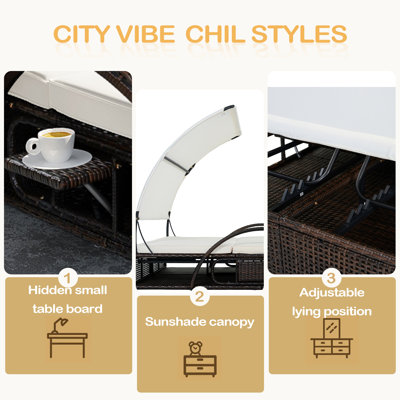 Chaise longue d'extérieur en acier avec dossier réglable, lit double de patio avec table d'appoint cachée et accoudoirs arqués