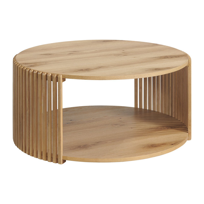 Estie Round Wood Slatted Coffee Table with Shelf