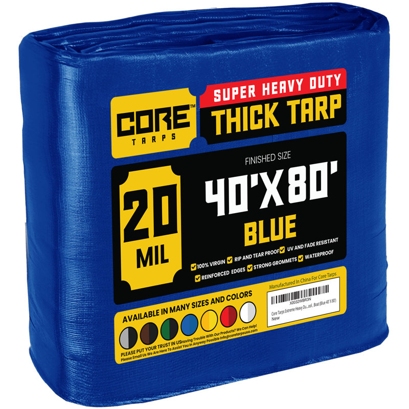 Bâche en polyéthylène robuste de 20 mil, imperméable et résistante aux rayons UV, Bleu, 40 pi x 80 pi