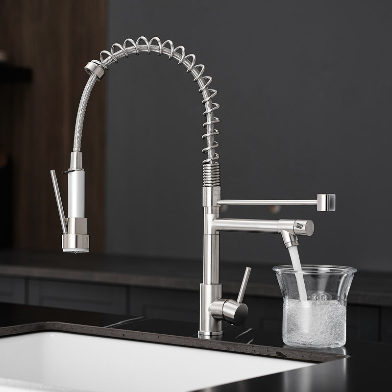Robinet de cuisine avec robinet rétractable, nickel brossé, construction, longue durée de vie, poignée simple, finition nickel, acier inoxydable, économiseur d'eau