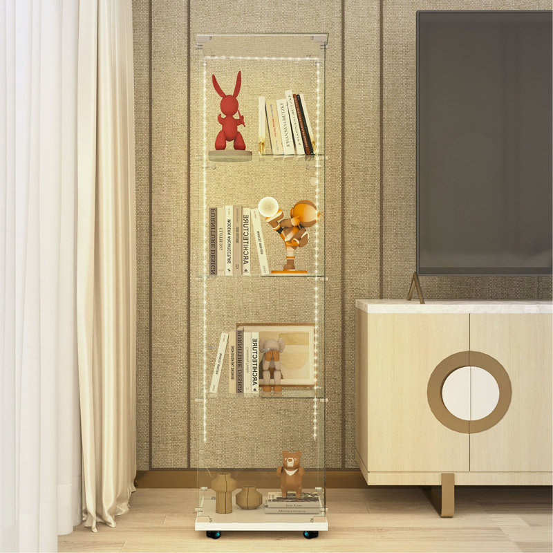 Tempered Glass Display Cabinet,Wine Cabinet, Storage Cabinet,File Cabinet, Tempered Glass Top,Bluetooth LED Light Strip,With Door Lock,Suitable For Living Room, Bedroom,Hallway,Office,Color:White