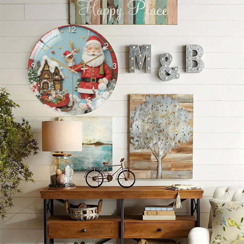 Père Noël avec traîneau, horloge de Noël, horloge murale moderne en verre de 12 po