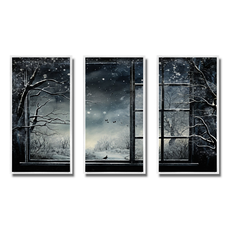 «Midnight Gothic Winter Window View II - Winter Landscape», art mural, Cadre flottant blanc, H 32 po x l 48 po x P 1 po