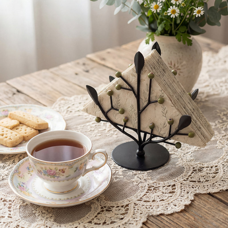 Tree Napkin Holder, Black Metal Branch Stand with Leaf and Berry Accents and Stable Round Wooden Base
