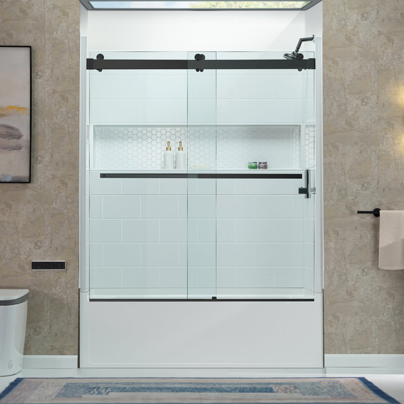 WOODBRIDGE 60" x 32" Alcove Soaking Bathtub & 4-Piece Direct-to-Stud Surround with Right Drain & 57.5–60" Frameless Double Sliding Tub Door with Soft-Close, Clear Tempered Glass, Matte Black
