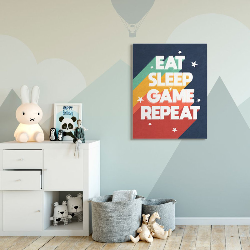 «Eat Sleep Game Répétition Pop Game Video» par Daphne Polselli - reproduction d'art textuel, H 48 po x l 36 po x 1,5 po