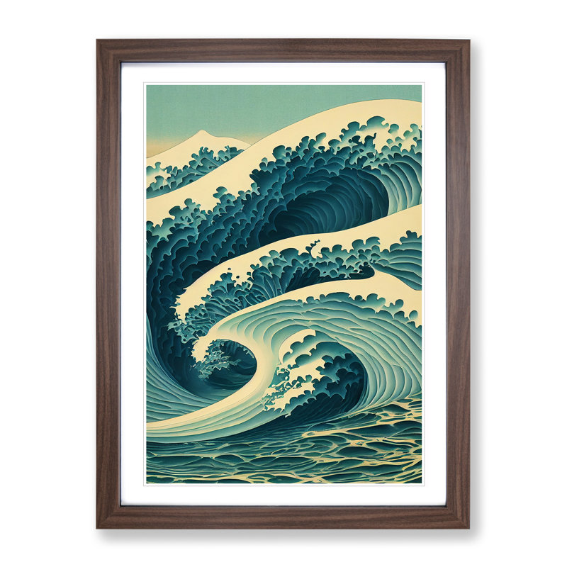 Traditional Japanese Wave No.4 - Wall Art, 48cm H x 36cm W, Walnut Framed, White