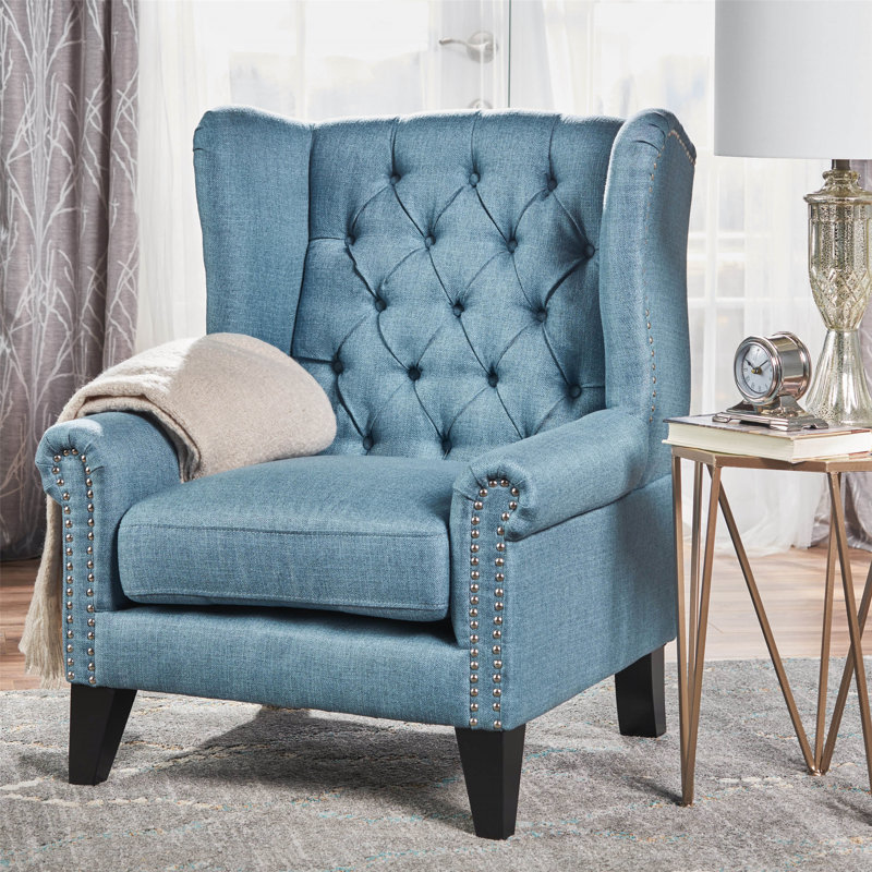 Fauteuil à oreilles capitonné Osvaldo, Blue Fabric