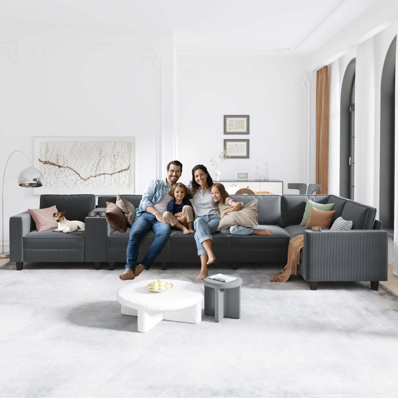 Canapé en velours côtelé de L 133,4 po x 94,4 po à 6 places, grands accoudoirs de rangement avec console centrale, chargement par USB, les sièges gauche et droit peuvent être changés, 3 paquets de 130