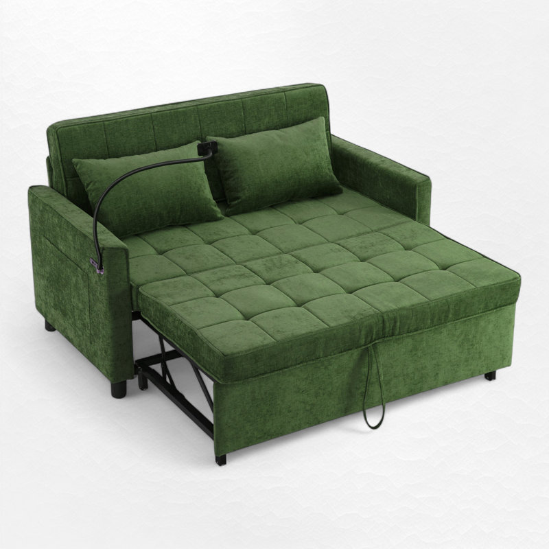 Pull-Out Sleeper Sofa Bed With USB Ports, Green