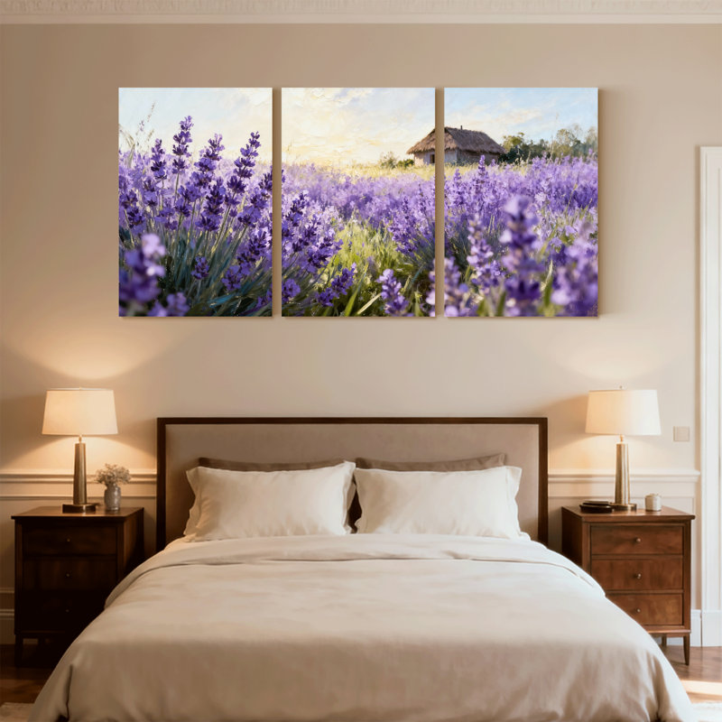 Assortiment de bouquets de champ de lavande avec vue sur le coucher de soleil, ensemble de 3 impressions sur toile