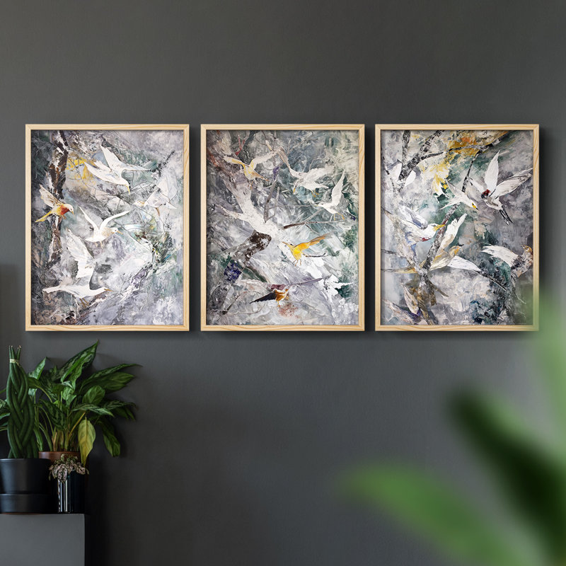 Aviaire, série X - Ensemble de 3 estampes numériques, prêt à accrocher, Encadré naturel, H 10 po x l 8 po