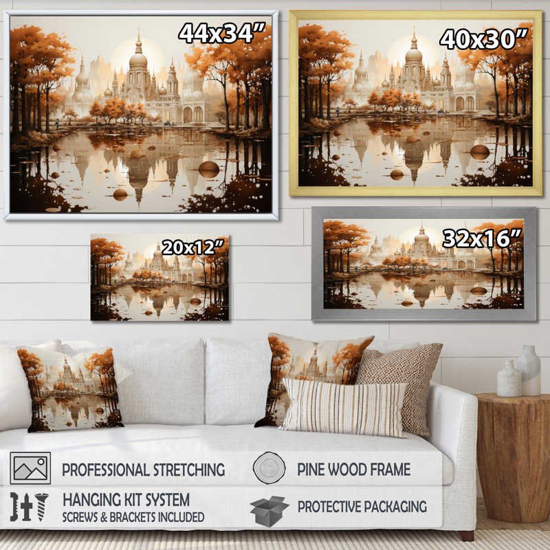 Hinduisim Art Temple Reflections III - Spiritual Wall Decor, Cadre naturel flottant, H 16 po x l 32 po x P 1 po