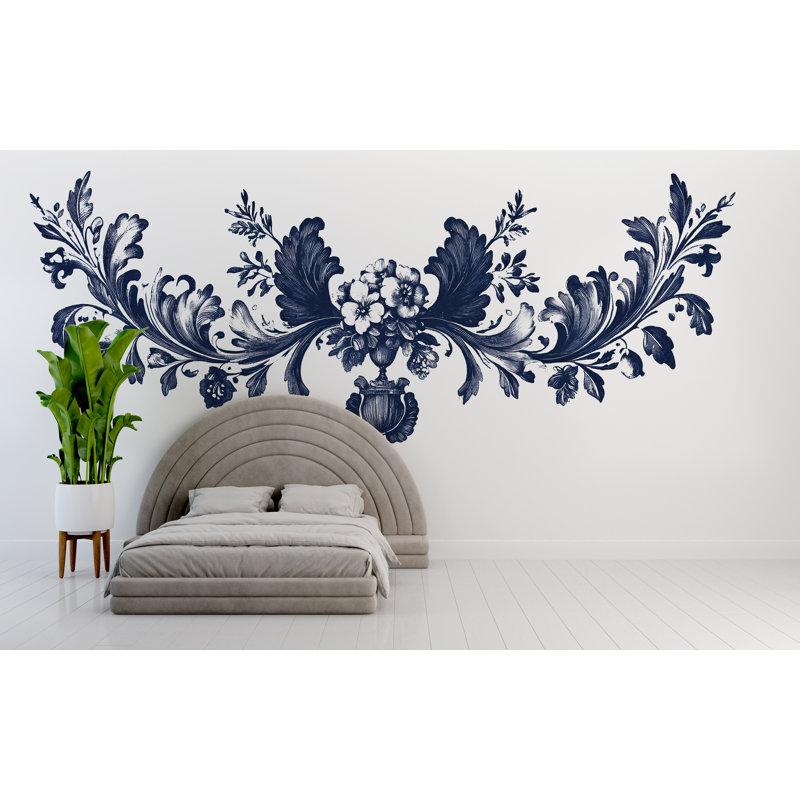 Adhésif décoratif tête de lit bleu marine floral, art mural de grande chambre baroque, murale amovible sur lit 122Mv