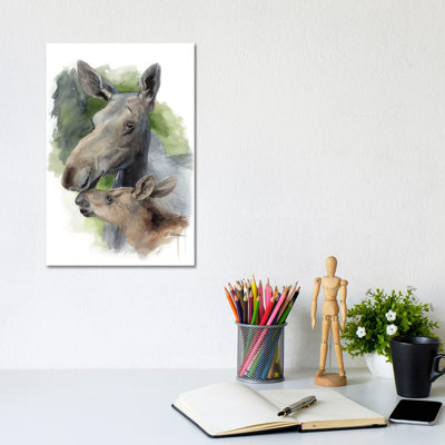 Mother And Baby Moose by Watercolor Luv - Wrapped Canvas Painting