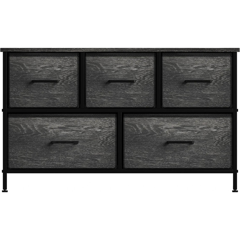 Black Fabric and Wood 5-Drawer Horizontal Dresser