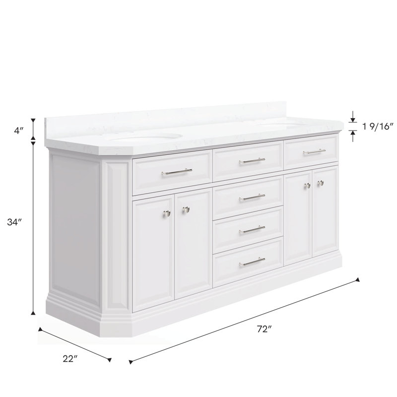 Bruning 72" Carrara Engineered Marble Countertop Bath Vanity with Faucet, Pure White, Polished Nickel Deck Mount, Hook