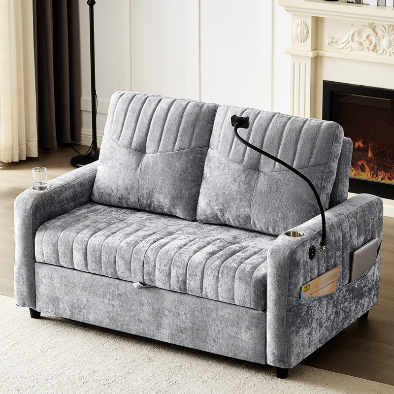 Lit escamotable gris avec rangement réglable et réfléchi, support pour téléphone et poche latérale, Gris