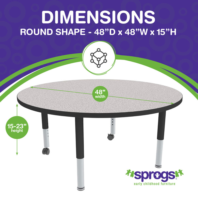Table d'activités préscolaire circulaire à hauteur réglable avec roulettes, L 48 po x l 48 po, hauteur réglable: 15 à 23 po