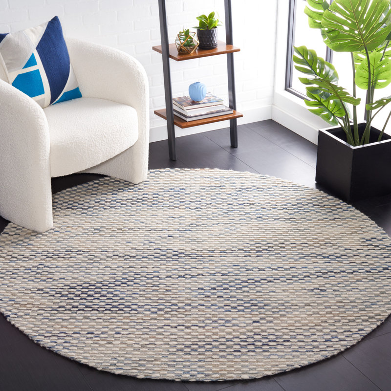 Tapis bleu marine / blanc en laine / coton tissé à la main Laureldale, Rond 6 pi