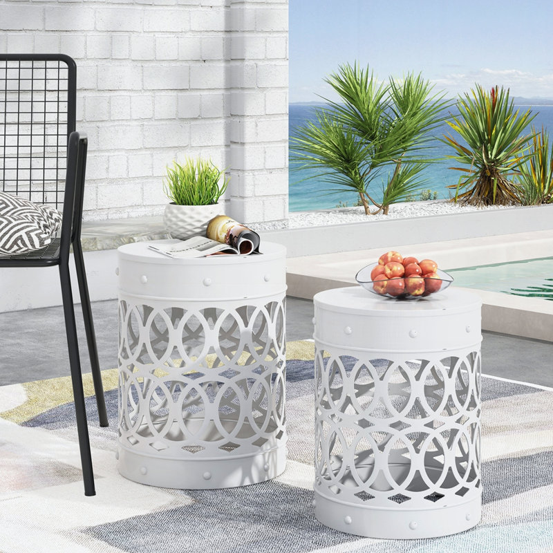 Outdoor Metal Side Table, Set Of 2, White