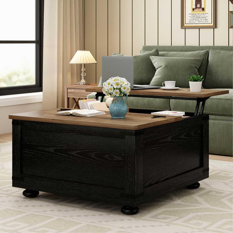 Table basse Farmhouse avec rangement, table basse carrée relevable pour le salon, Black