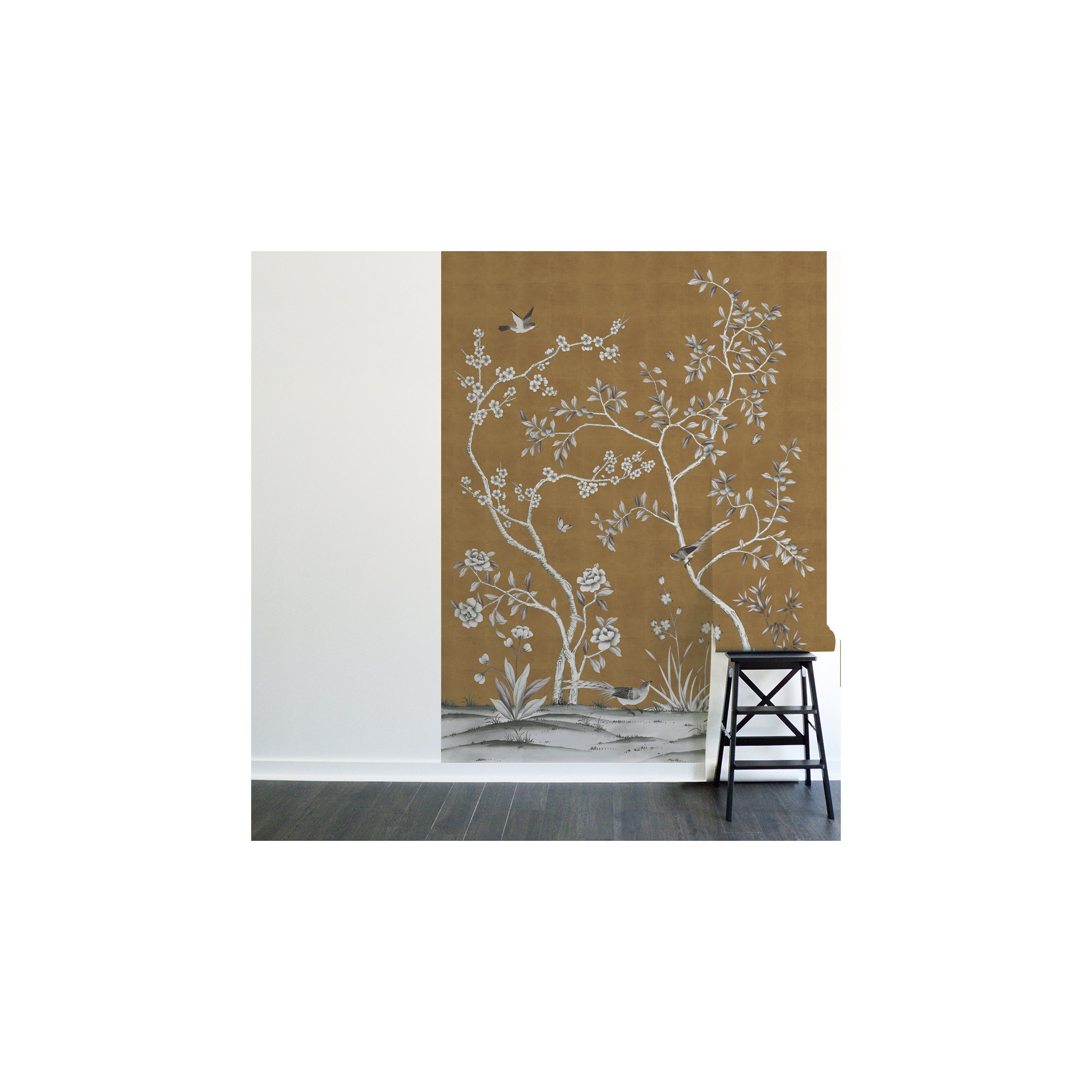 Metallic Garden Chinoiserie Vinyl Peel and Stick Wall Mural 3 Panel Mural, Antique Gold