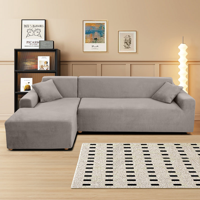 Housse de canapé en L épais en velours - Housse de canapé modulaire avec 2 housses de coussin décoratif, Gris argenté