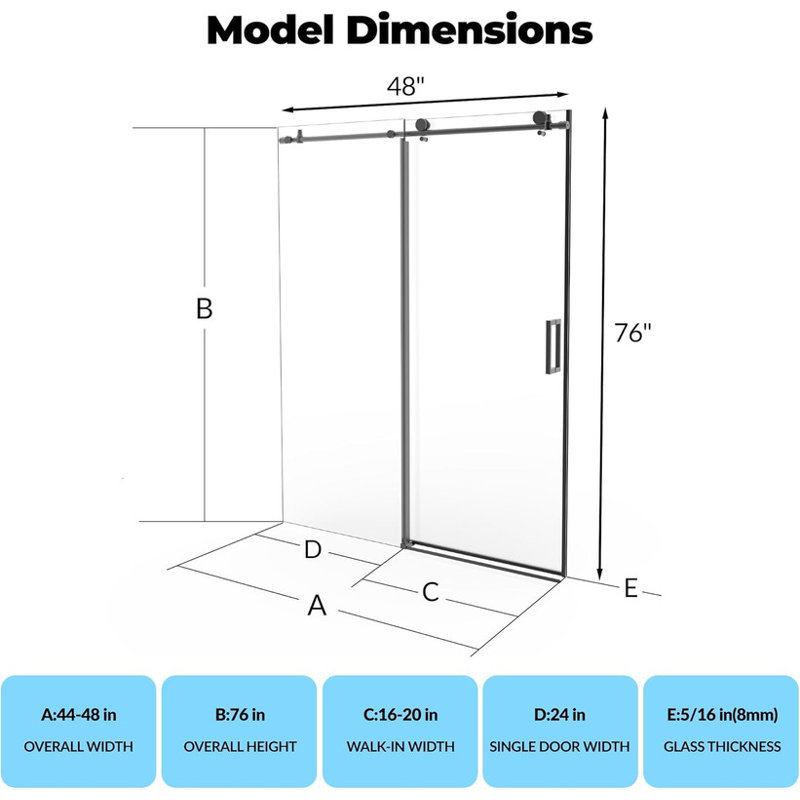 76" Sliding Shower Door 44-48" W, Brushed Stainless Steel Glass Door with Seal Strip & Handle, Black