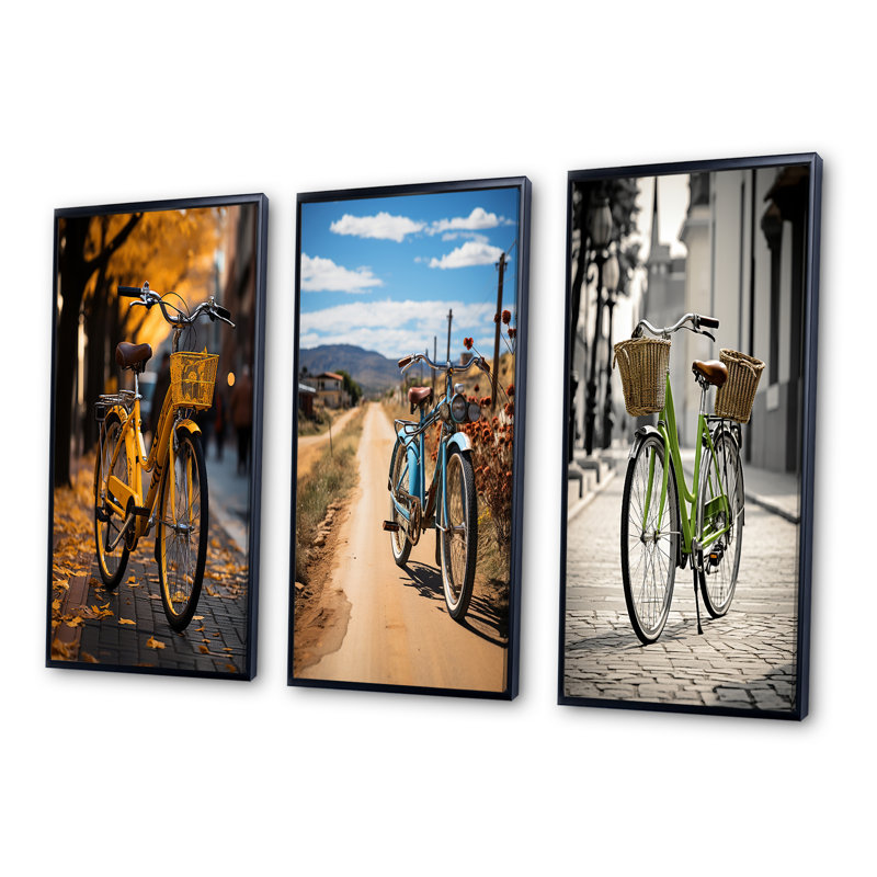 "Vélo urbain" 3 pièces sur toile, H 32 po x l 48 po, Cadre noir