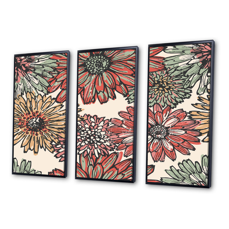 Red Red Flowers - 3 pièces, reproduction encadrée sur toile, H 28 po x l 36 po x P 1 po, Cadre noir