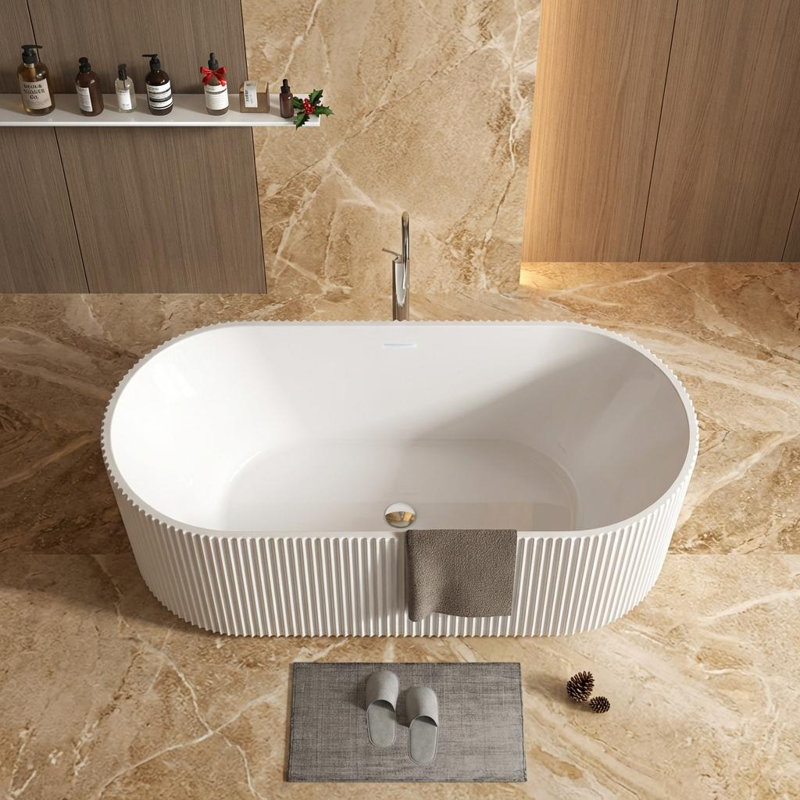 Acrylic Freestanding Bathtub, Deep Soaking Stripe Tub with Drain, Solid Surface Stand Alone Bath, Contemporary Indoor Bathroom Spa Tub for Adults, Large Foot Soak
